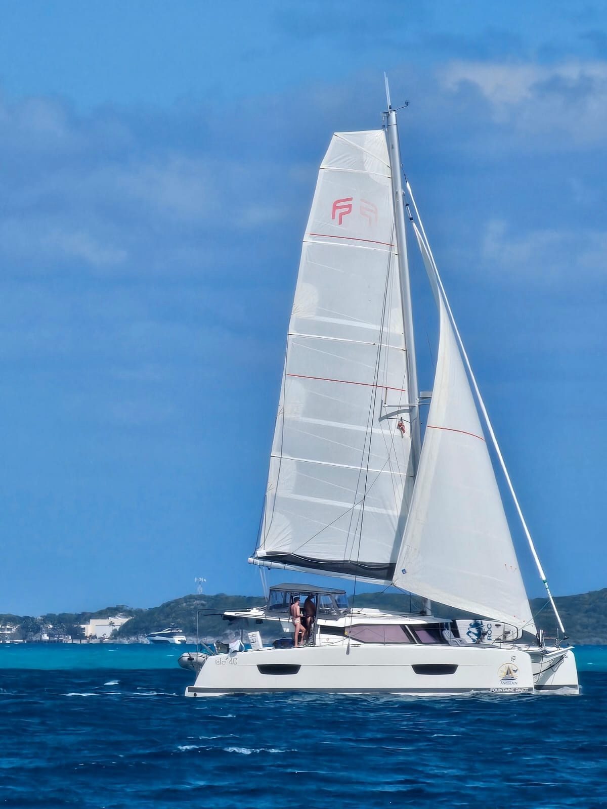 Catamaran under full sail in the Bahamas